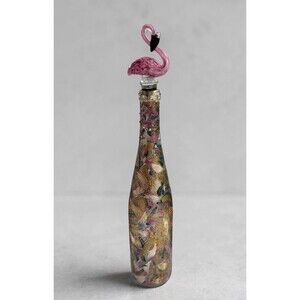 Hand Painted Flamingo Tall 13’’ Glass Bottle Art with Stopper, Signed